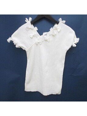 Chanel French Sleeve Knit Top CC Mark CC Logo 38 White Ribbon Motif Rib Sweater
